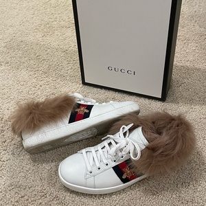 Gucci Ace Bee Sneakers w/ Fur Trim Sz 37.5
